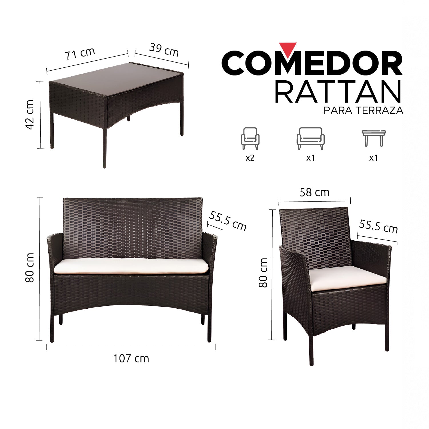 Set Juego De Terraza 4pcs Mesa Sillas Sillon Rattan Vincenzi