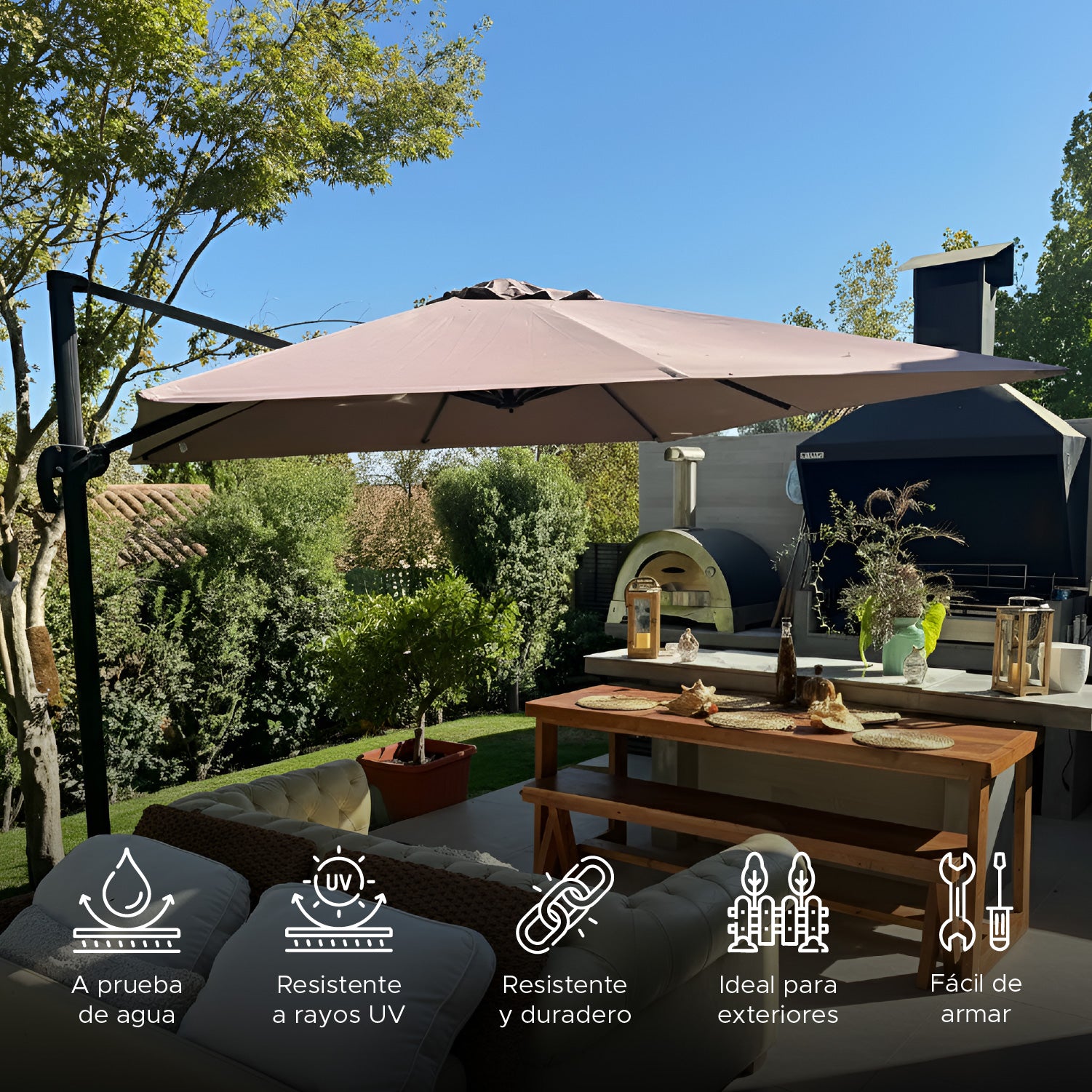 Quitasol lateral 3x3 Mts sombrilla terraza sol 360º color Khaki incluye base