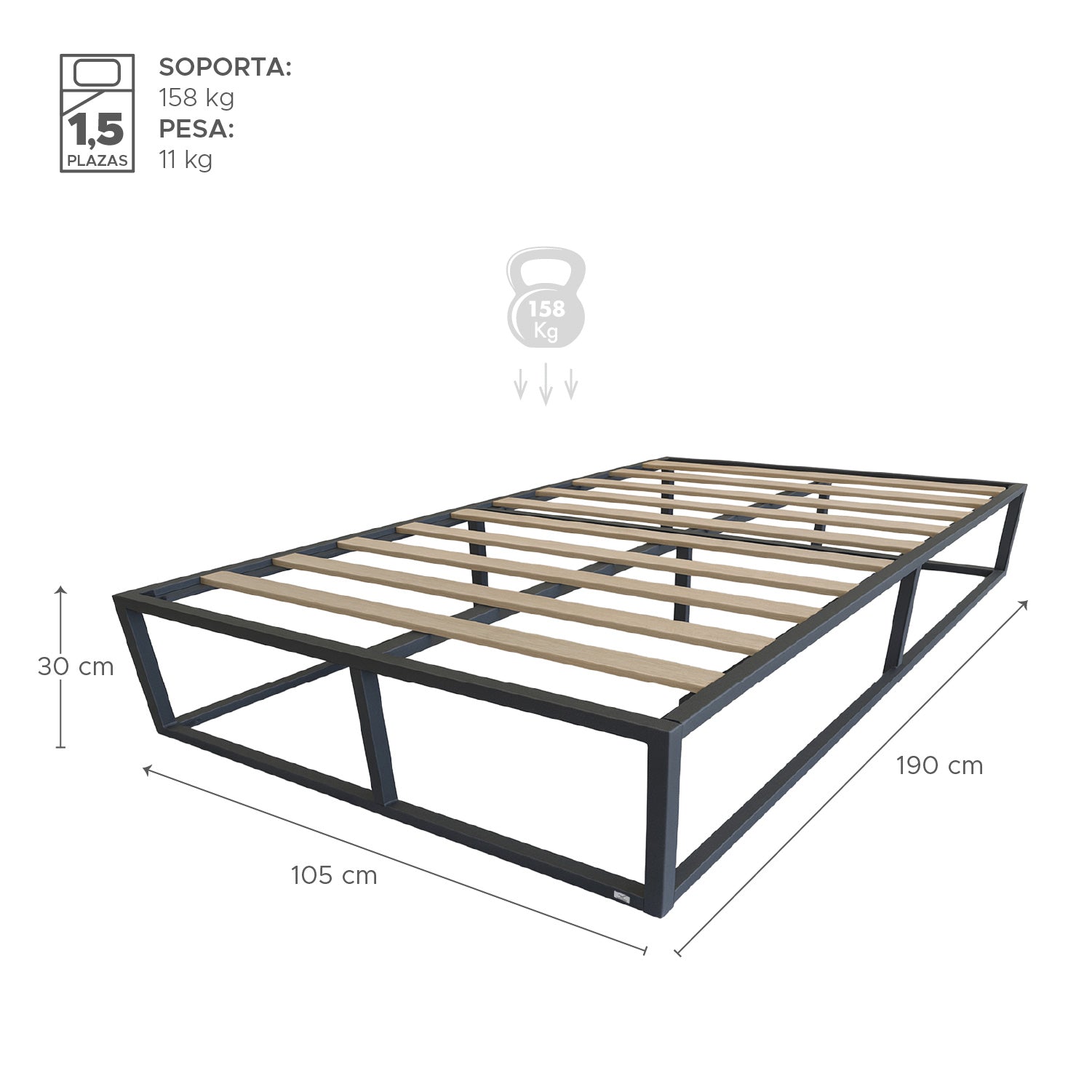 Base para cama Europea Acero y Madera 105x190 cm 1,5 pza Vincenzi