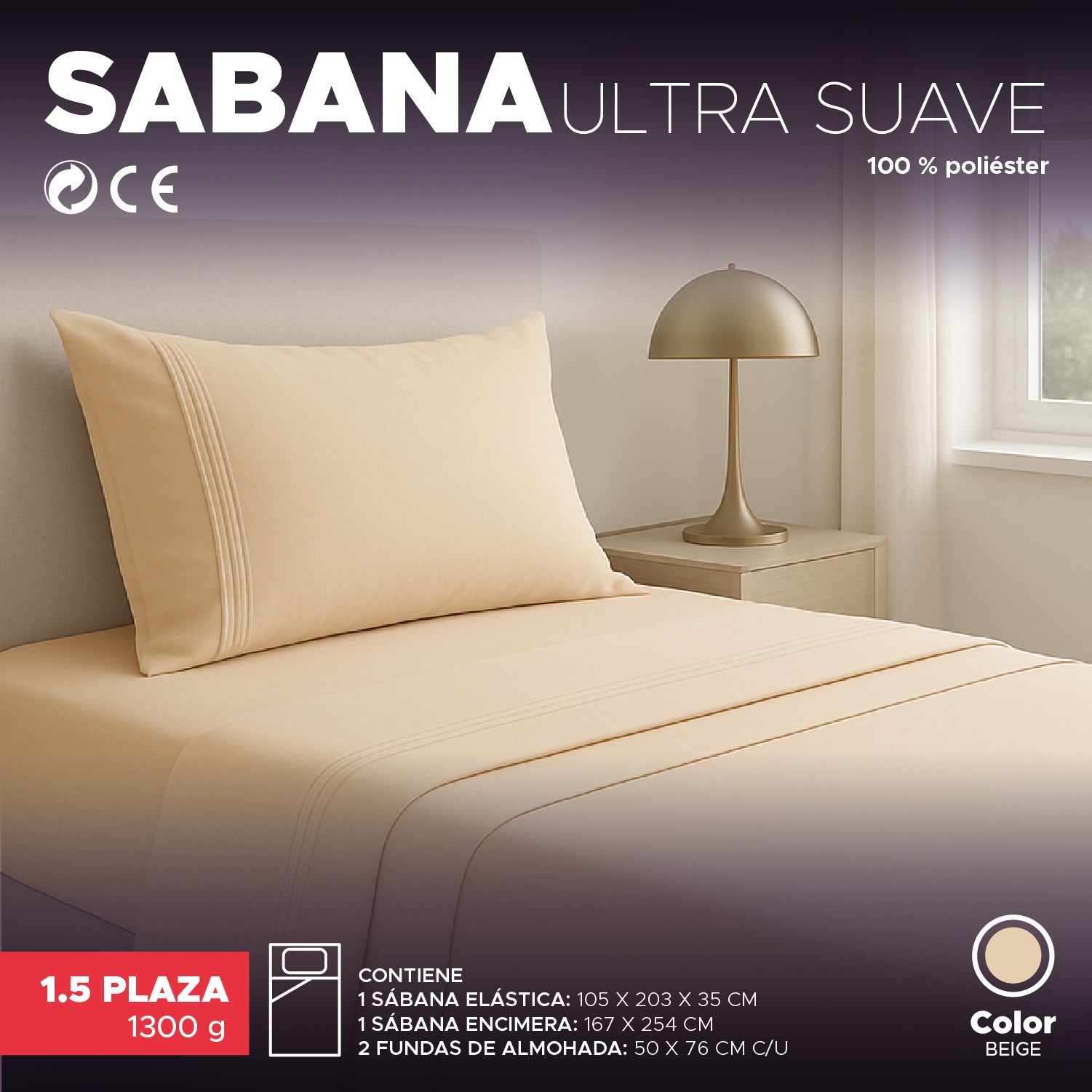 Juego De Sábanas 1800 Hilos 1,5 Plazas Beige Ultra Suave Vincenzi