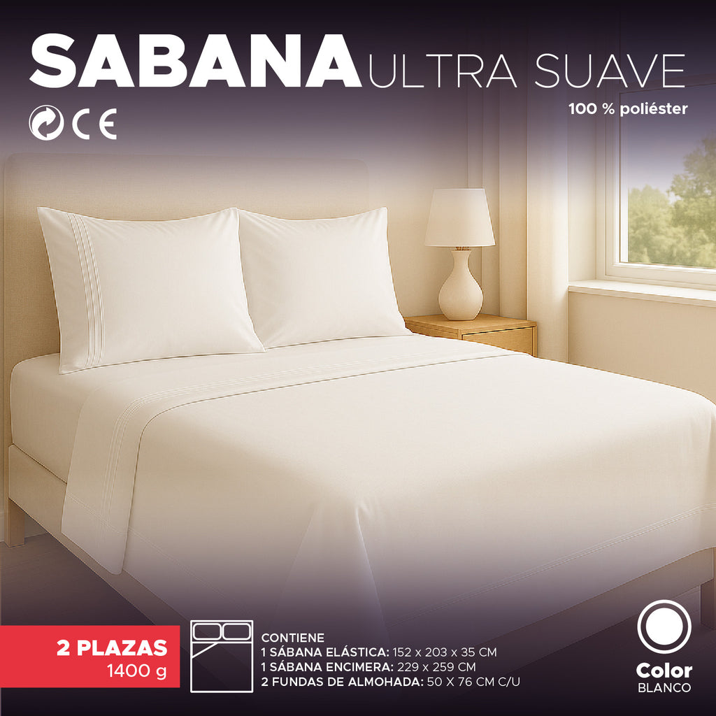 Juego De Sábanas Blanco 1800 Hilos Ultra Suave 2 Plazas Vincenzi