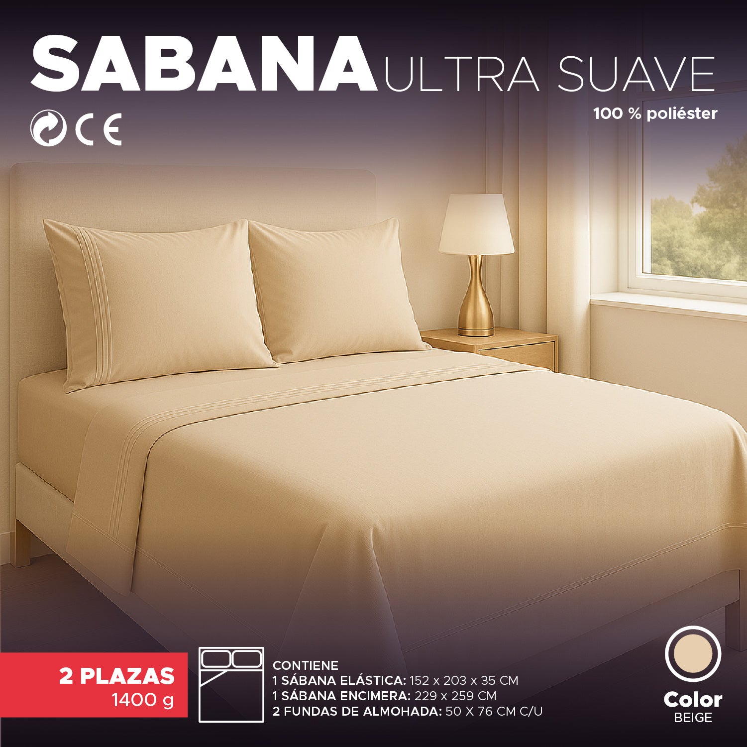 Juego de Sábana Beige 1800 Hilos Ultra Suave 2 plazas Vincenzi