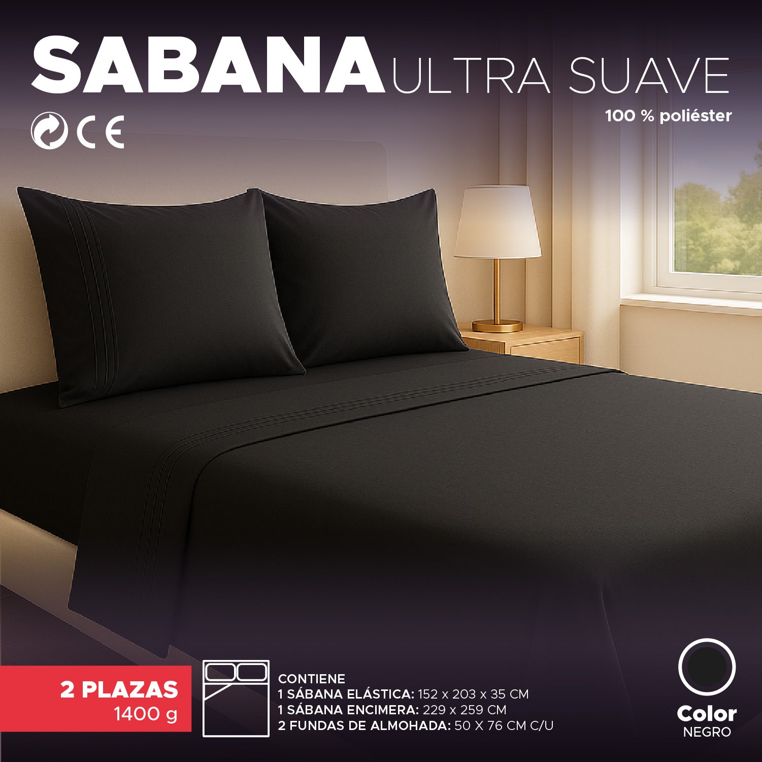 Juego de Sábana Negra 1800 hilos Ultra suave 2 plazas Vincenzi