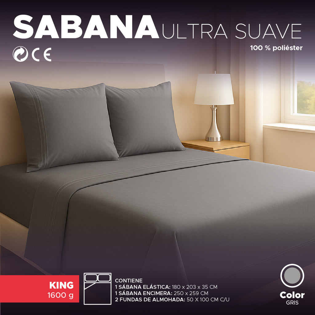 Juego de Sábana Gris 1800 hilos Ultra suave plz King Vincenzi