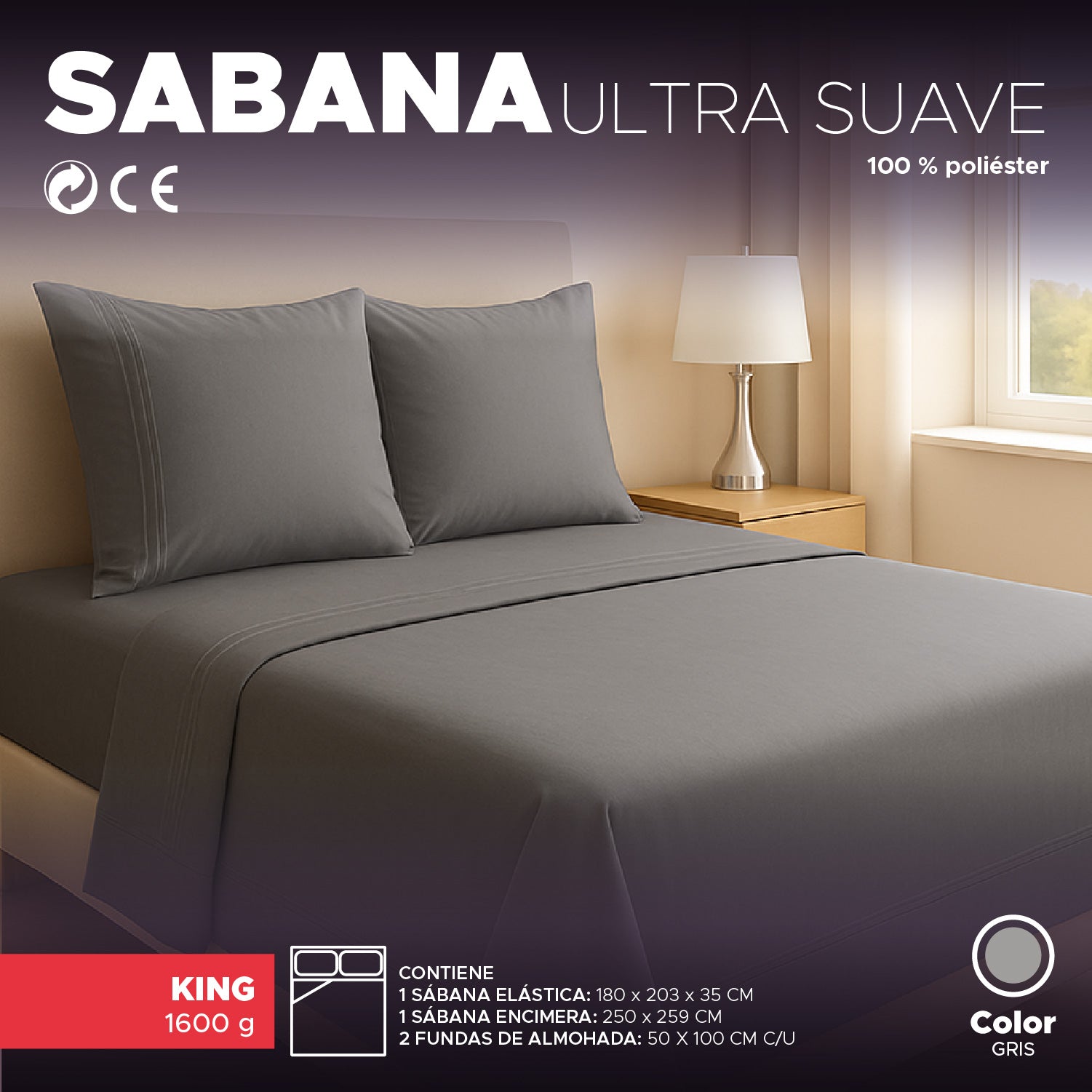 Juego de Sábana Gris 1800 hilos Ultra suave plz King Vincenzi