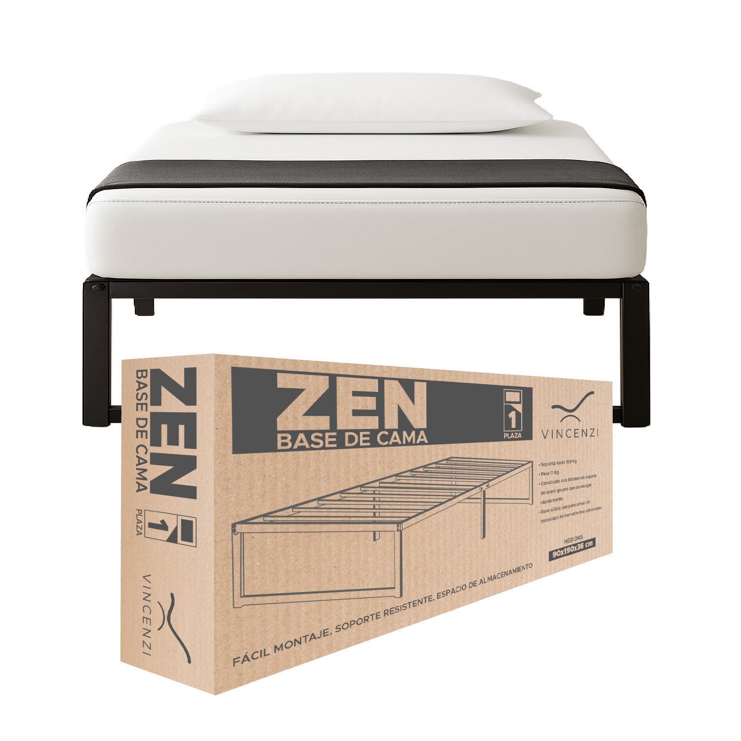 Base para cama Europea Acero Negro 90x190 cm ZEN 1 pza Vincenzi