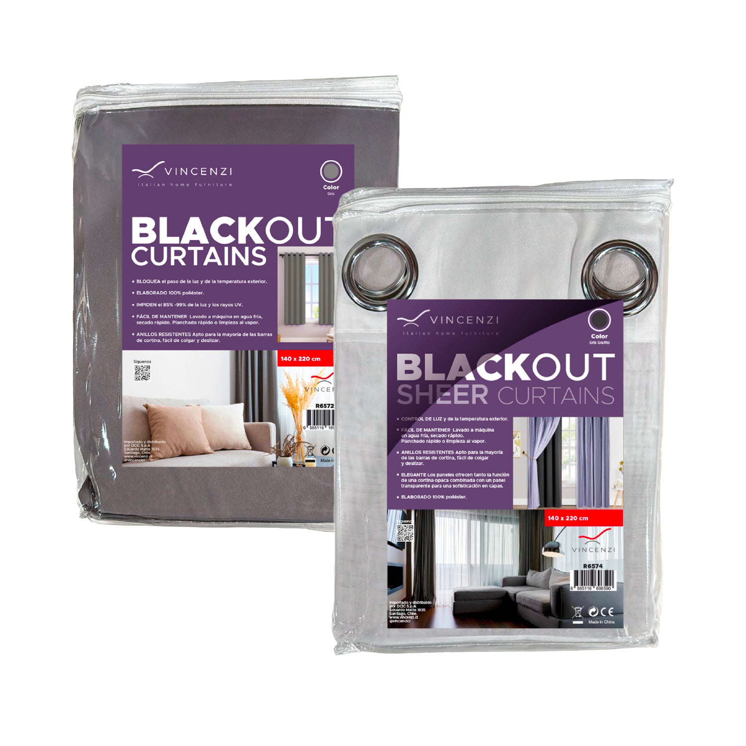 Cortina de Tela Blackout Gris + Velo Vincenzi 140x220